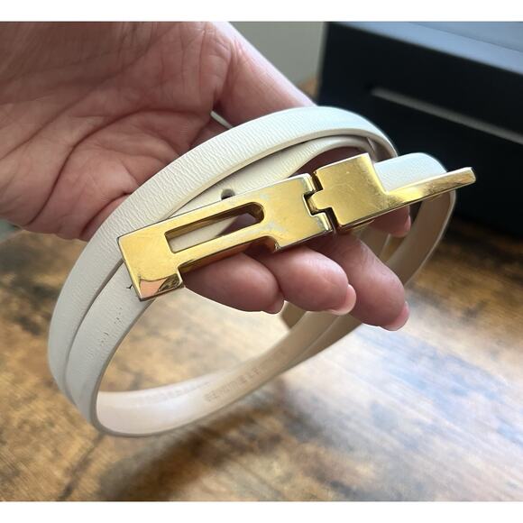 RALPH LAUREN Women\'s Gold-tone RL Logo White Leather Skinny Belt Italy Sz M main image 7